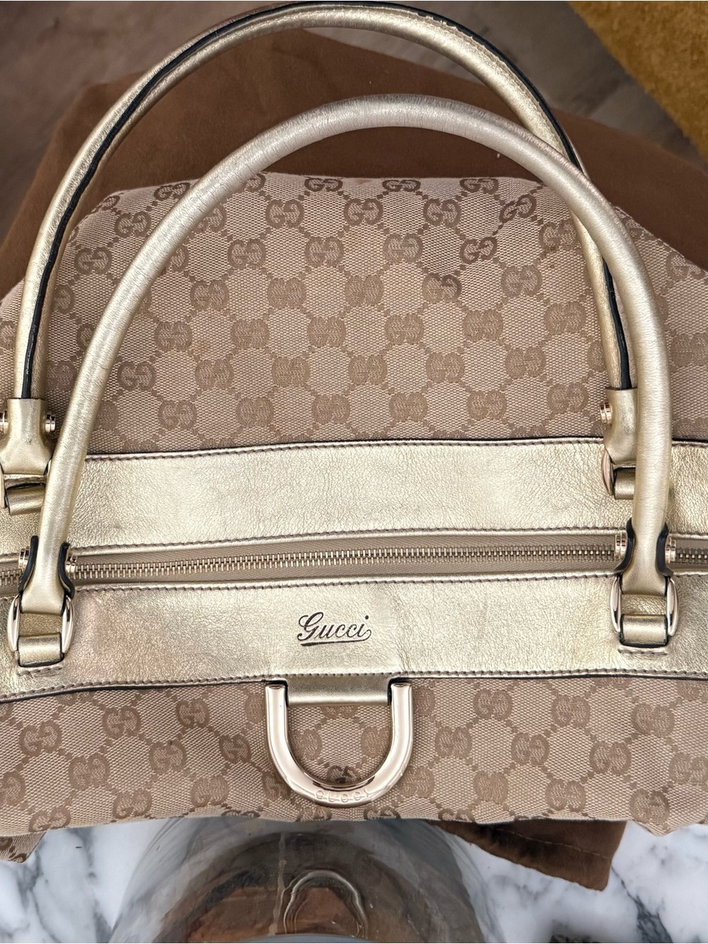 Gucci D-Ring Tote in GG Canvas with Gold Metallic Leather Trim - Picture 5 of 10